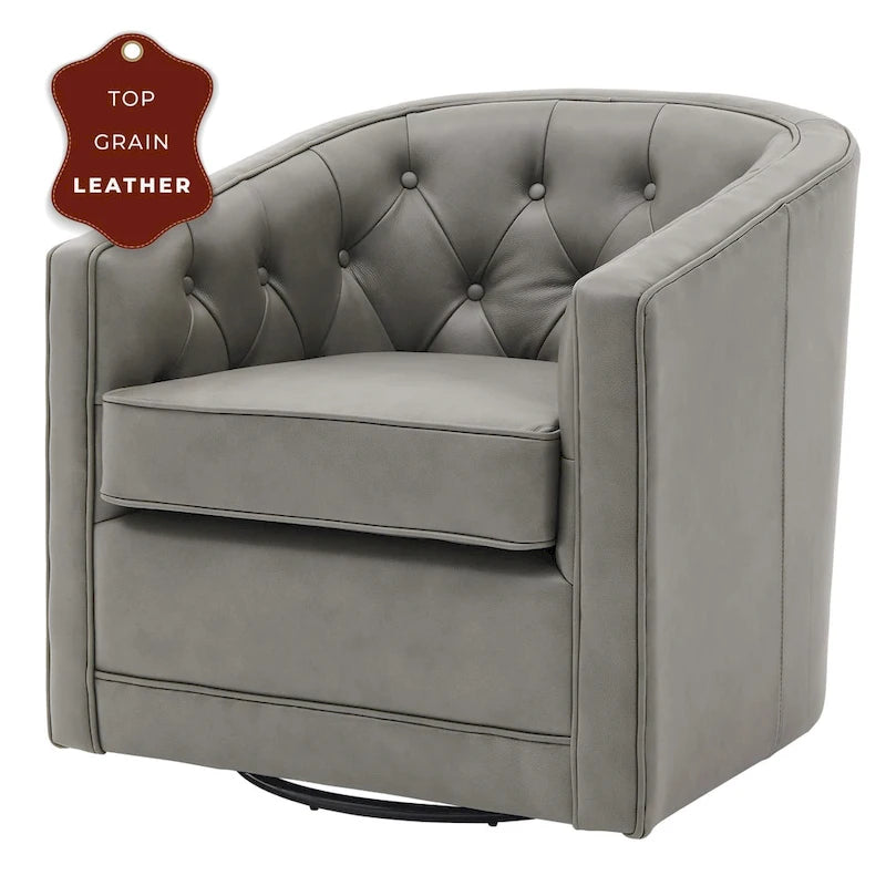 Top Grain Leather Swivel Accent Chair – Dark Blue / Grey / Brown, Button Tufted, Single