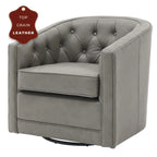 Top Grain Leather Swivel Accent Chair – Dark Blue / Grey / Brown, Button Tufted, Single
