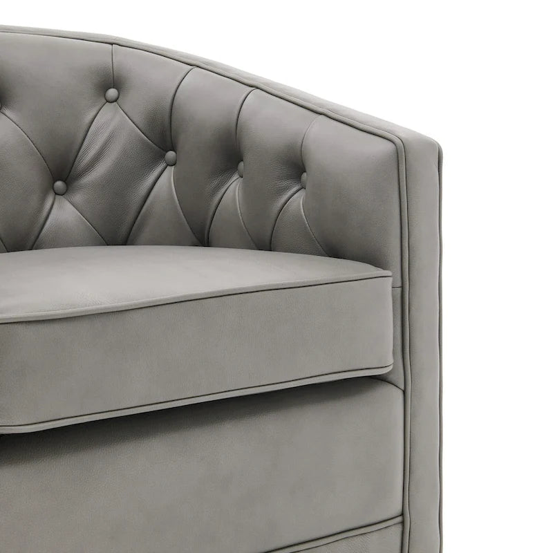 Top Grain Leather Swivel Accent Chair – Dark Blue / Grey / Brown, Button Tufted, Single