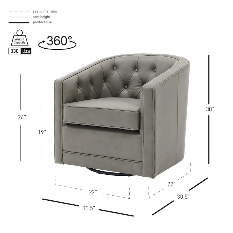Top Grain Leather Swivel Accent Chair – Dark Blue / Grey / Brown, Button Tufted, Single
