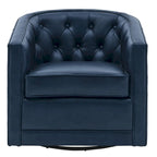 Top Grain Leather Swivel Accent Chair – Dark Blue / Grey / Brown, Button Tufted, Single