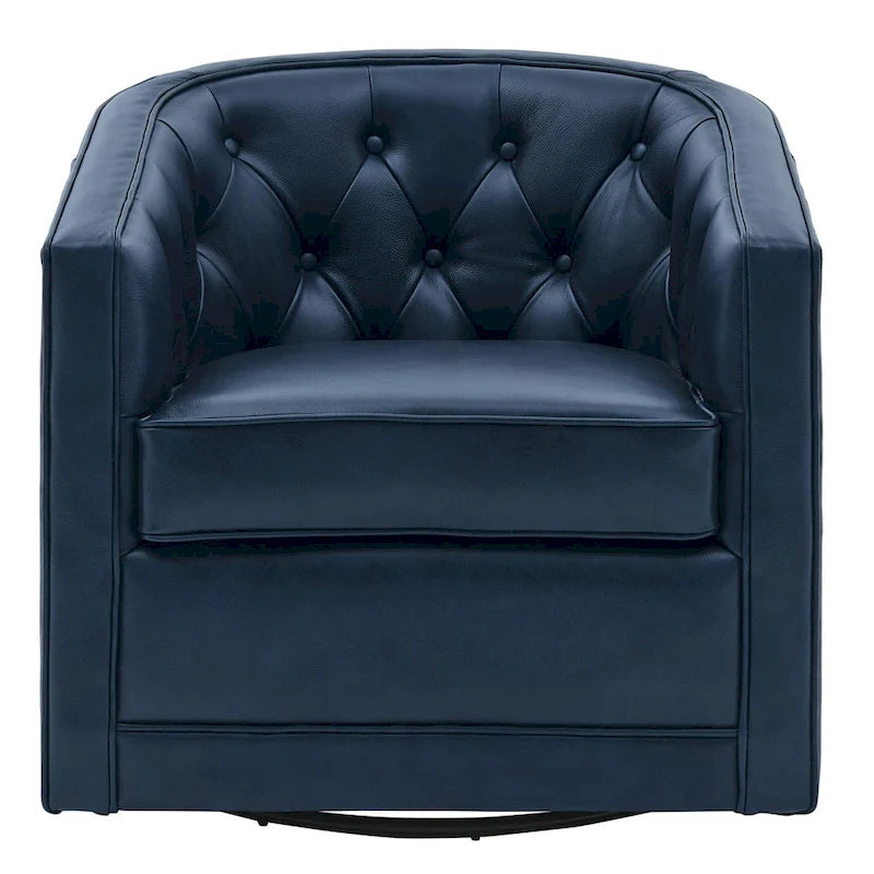 Top Grain Leather Swivel Accent Chair – Dark Blue / Grey / Brown, Button Tufted, Single