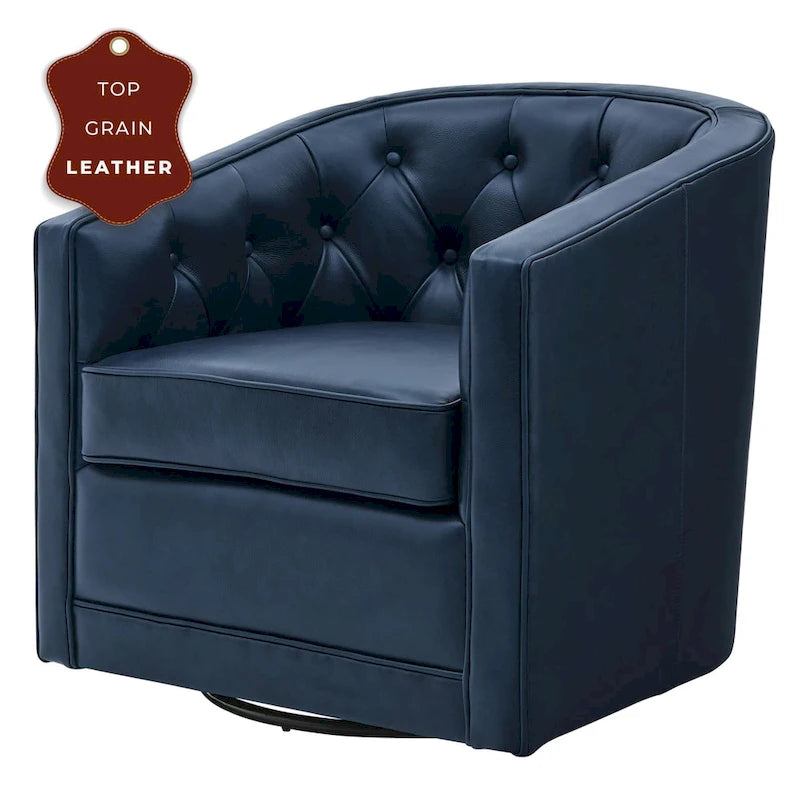Top Grain Leather Swivel Accent Chair – Dark Blue / Grey / Brown, Button Tufted, Single