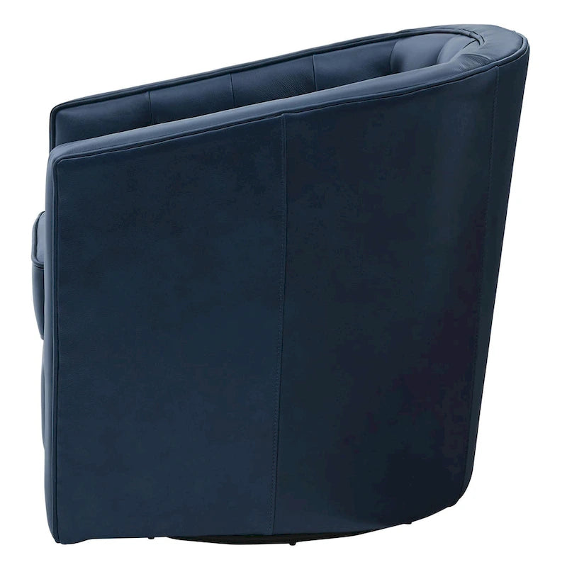 Top Grain Leather Swivel Accent Chair – Dark Blue / Grey / Brown, Button Tufted, Single
