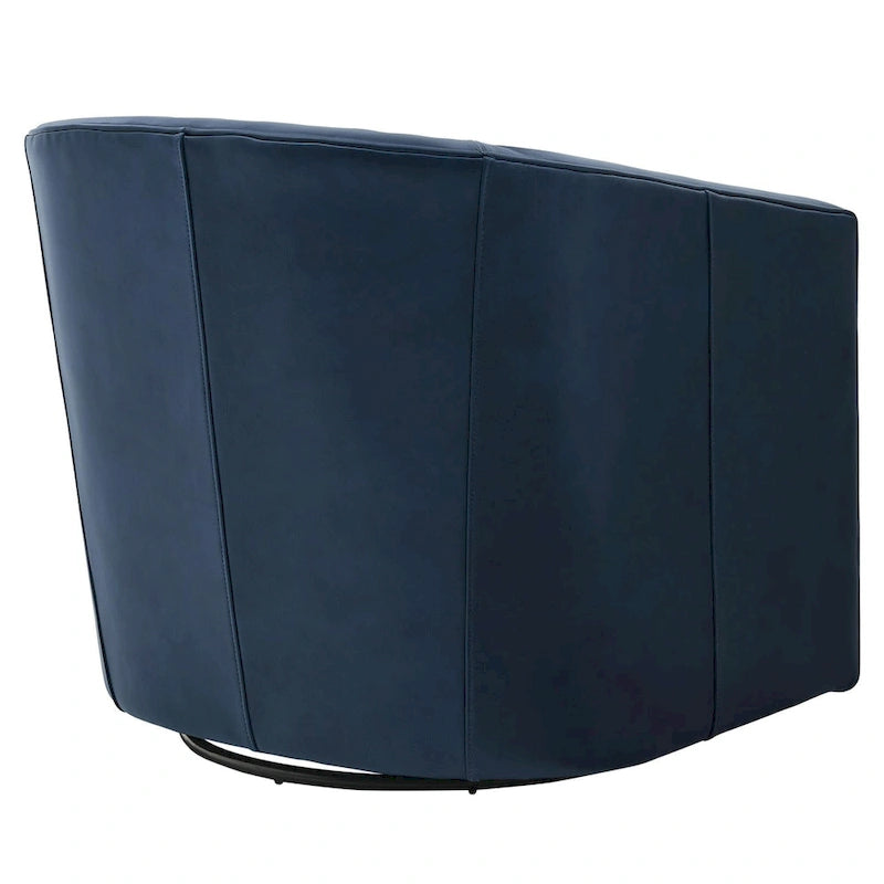 Top Grain Leather Swivel Accent Chair – Dark Blue / Grey / Brown, Button Tufted, Single