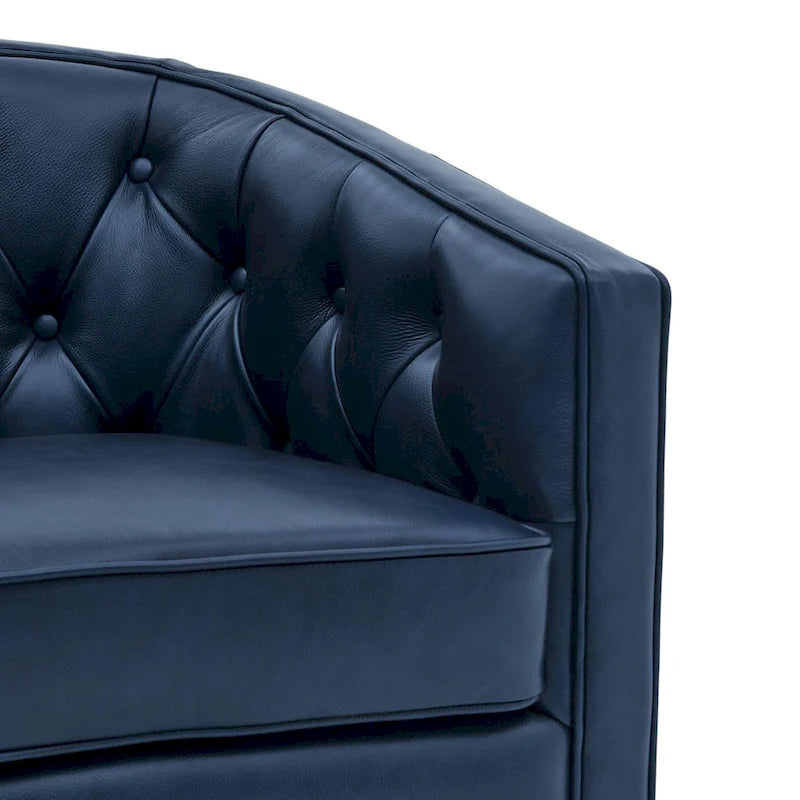 Top Grain Leather Swivel Accent Chair – Dark Blue / Grey / Brown, Button Tufted, Single