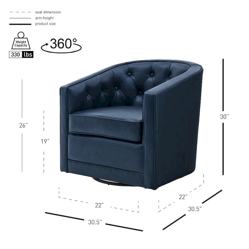 Top Grain Leather Swivel Accent Chair – Dark Blue / Grey / Brown, Button Tufted, Single