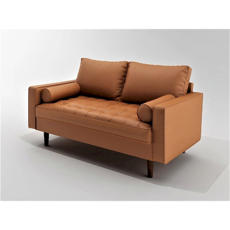 Faux Leather Mid-Century Modern Loveseat – Black / White / Brown, Button Tufted, Seats 2