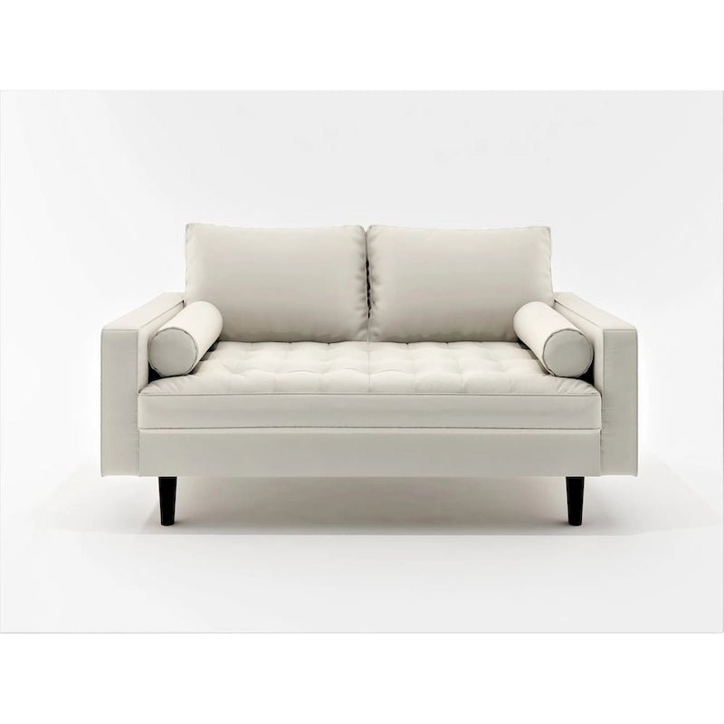 Faux Leather Mid-Century Modern Loveseat – Black / White / Brown, Button Tufted, Seats 2