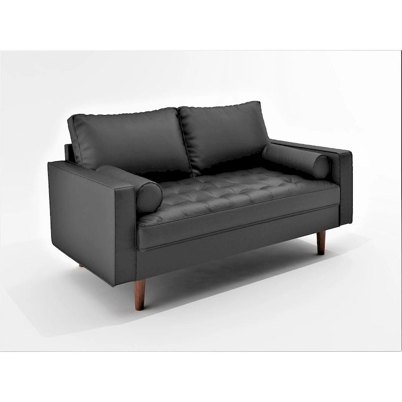 Faux Leather Mid-Century Modern Loveseat – Black / White / Brown, Button Tufted, Seats 2