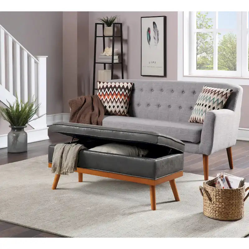 Mid-Century Storage Bench – Green / Orange / Grey / Charcoal Faux Leather / Linen, Nail-Head Trim, Single