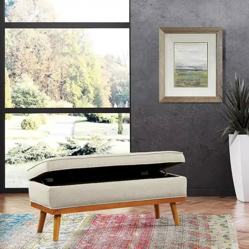Mid-Century Storage Bench – Green / Orange / Grey / Charcoal Faux Leather / Linen, Nail-Head Trim, Single