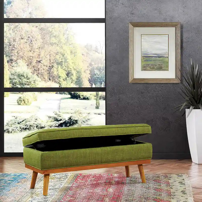 Mid-Century Storage Bench – Green / Orange / Grey / Charcoal Faux Leather / Linen, Nail-Head Trim, Single