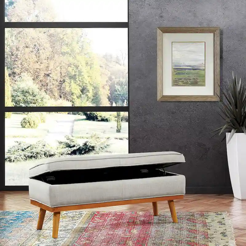 Mid-Century Storage Bench – Green / Orange / Grey / Charcoal Faux Leather / Linen, Nail-Head Trim, Single