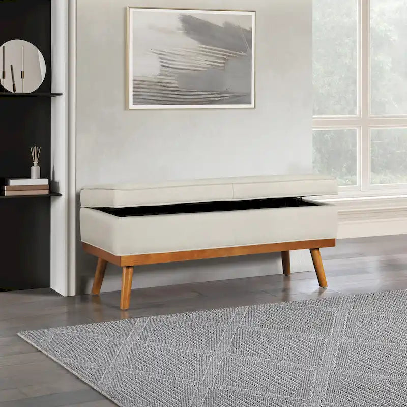 Mid-Century Storage Bench – Green / Orange / Grey / Charcoal Faux Leather / Linen, Nail-Head Trim, Single