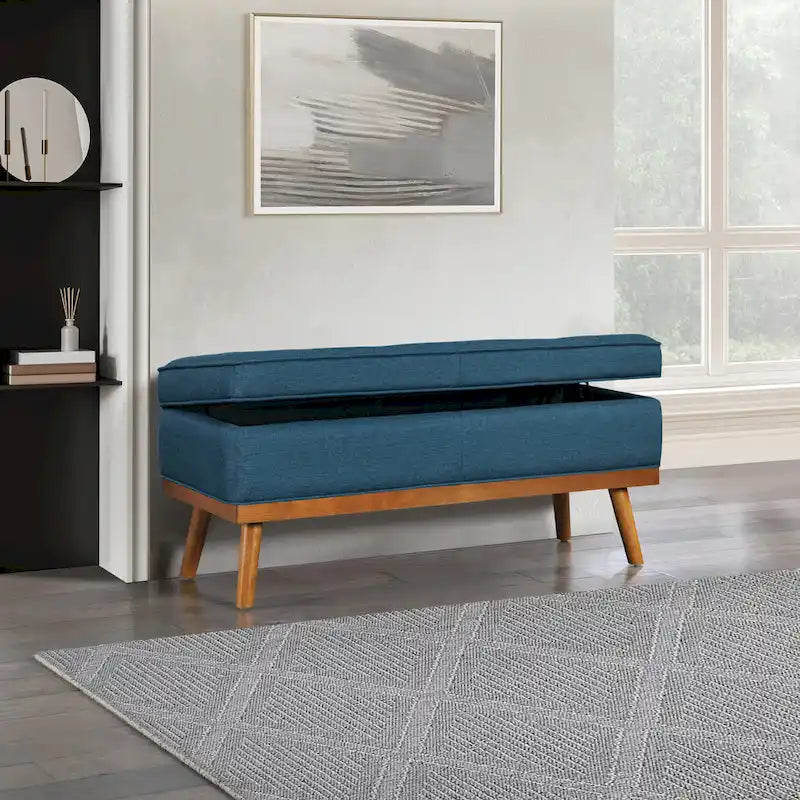 Mid-Century Storage Bench – Green / Orange / Grey / Charcoal Faux Leather / Linen, Nail-Head Trim, Single