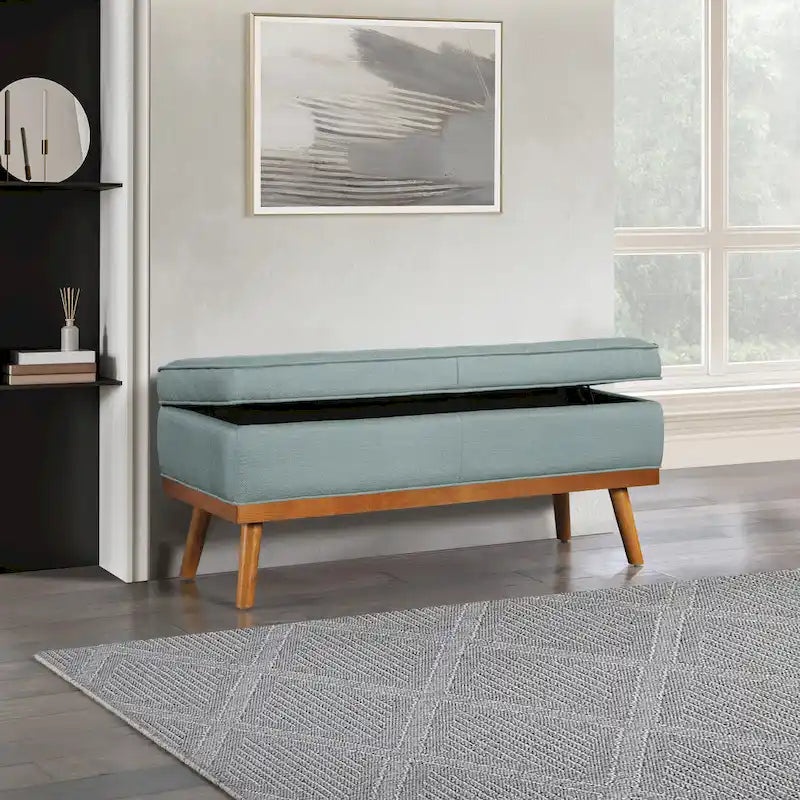 Mid-Century Storage Bench – Green / Orange / Grey / Charcoal Faux Leather / Linen, Nail-Head Trim, Single