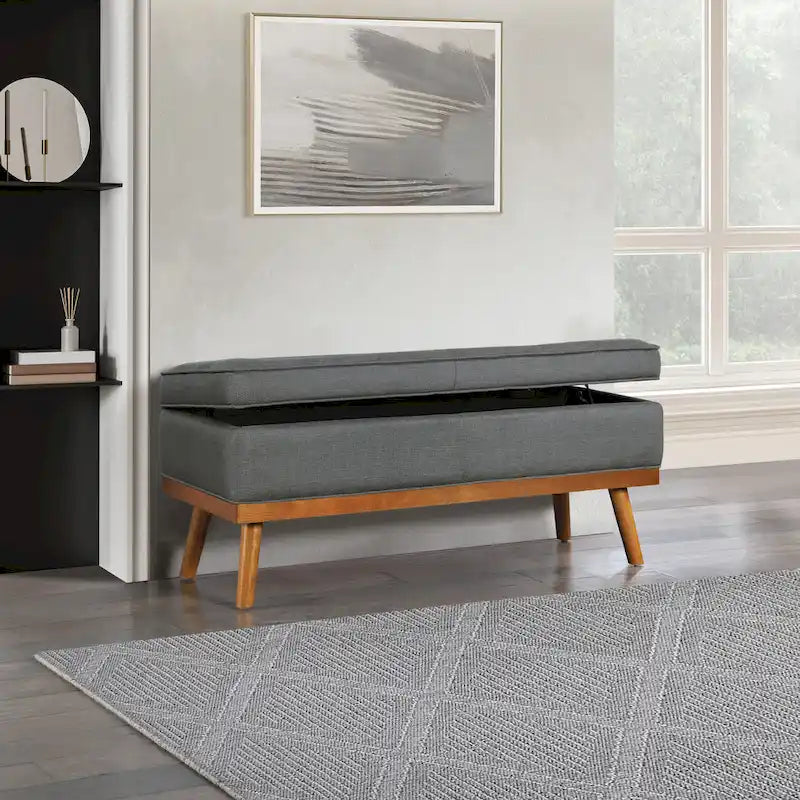 Mid-Century Storage Bench – Green / Orange / Grey / Charcoal Faux Leather / Linen, Nail-Head Trim, Single