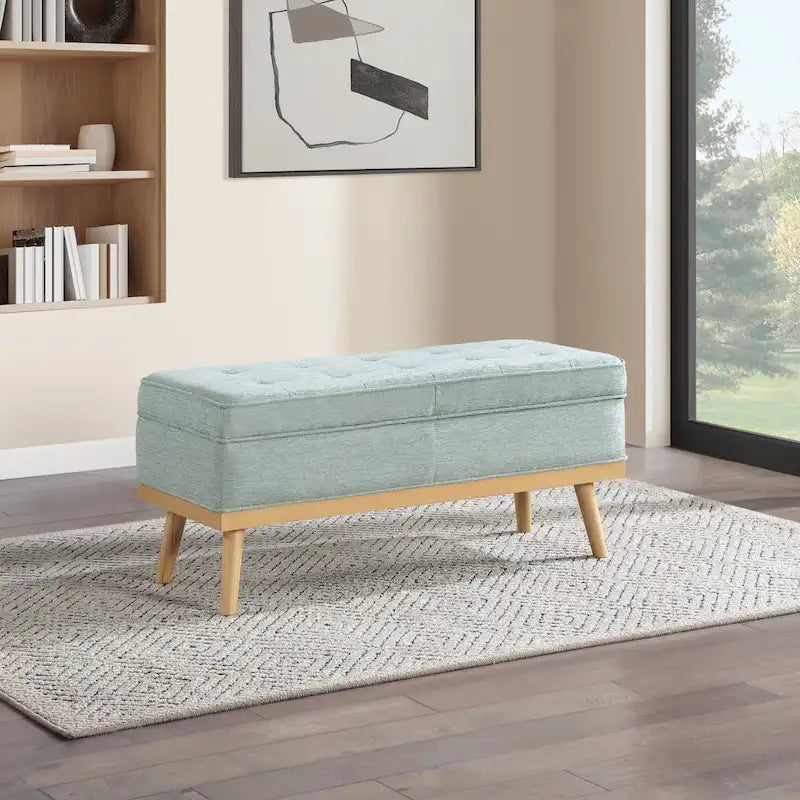 Mid-Century Storage Bench – Green / Orange / Grey / Charcoal Faux Leather / Linen, Nail-Head Trim, Single