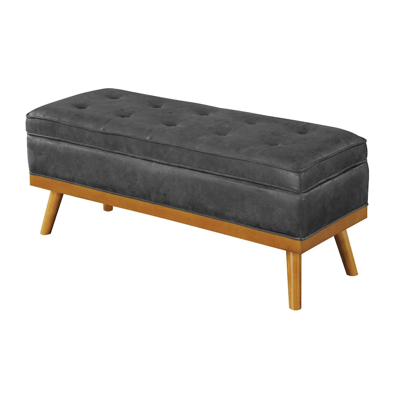 Mid-Century Storage Bench – Green / Orange / Grey / Charcoal Faux Leather / Linen, Nail-Head Trim, Single