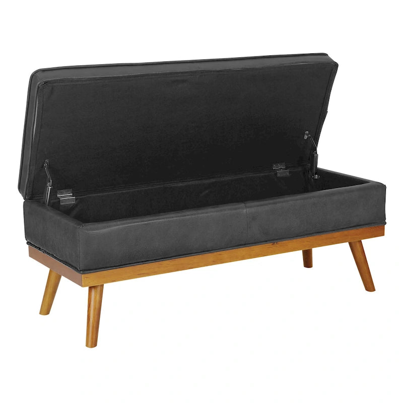 Mid-Century Storage Bench – Green / Orange / Grey / Charcoal Faux Leather / Linen, Nail-Head Trim, Single