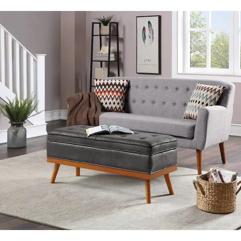 Mid-Century Storage Bench – Green / Orange / Grey / Charcoal Faux Leather / Linen, Nail-Head Trim, Single
