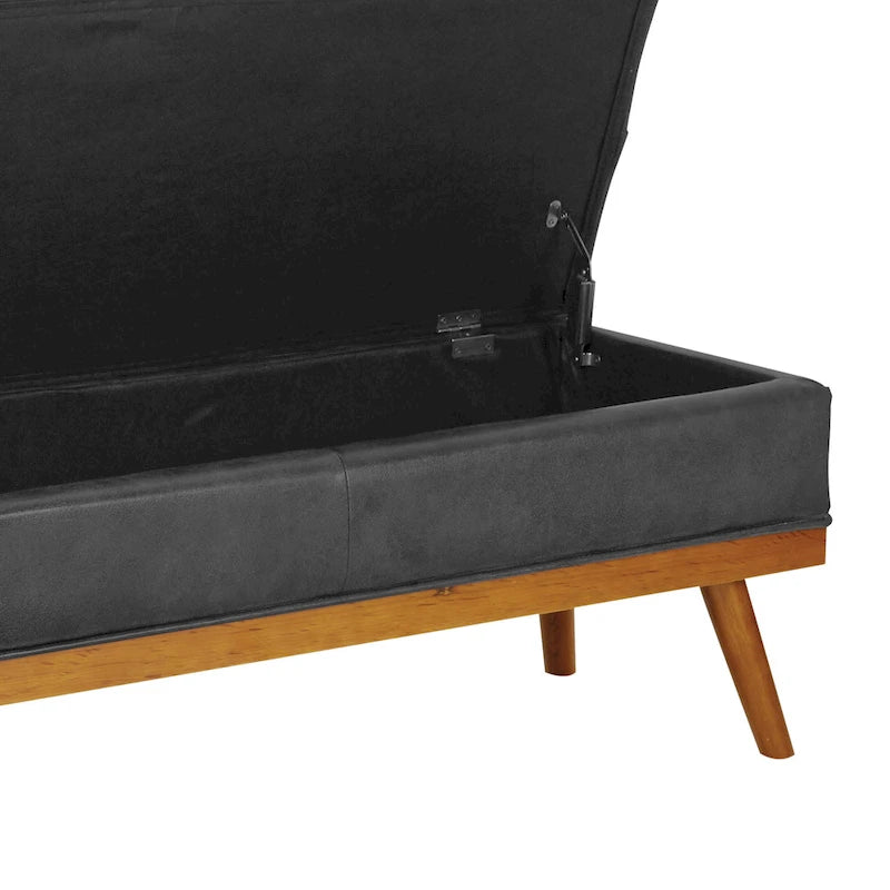 Mid-Century Storage Bench – Green / Orange / Grey / Charcoal Faux Leather / Linen, Nail-Head Trim, Single