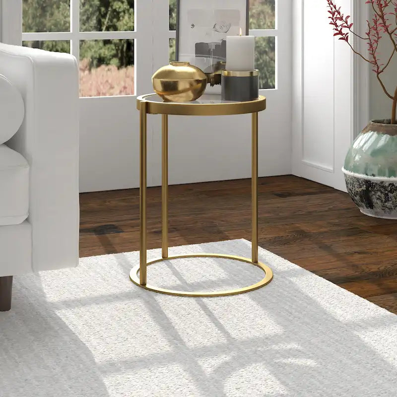16" Round C-Shape Side Table – Brass / Blackened Bronze, Tempered Glass Top, Modern Style, Single