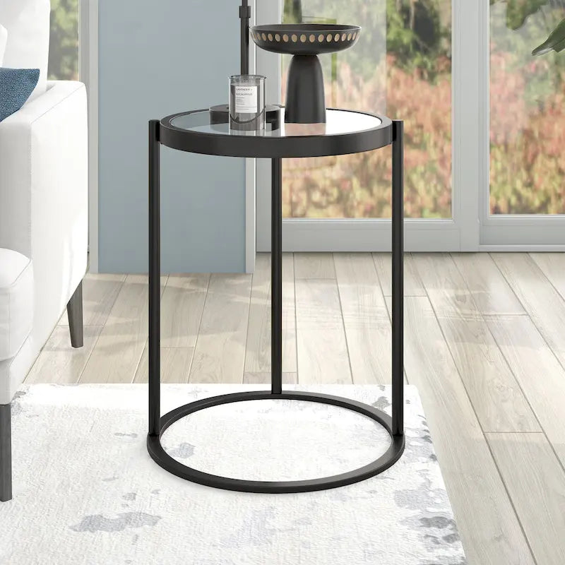 16" Round C-Shape Side Table – Brass / Blackened Bronze, Tempered Glass Top, Modern Style, Single