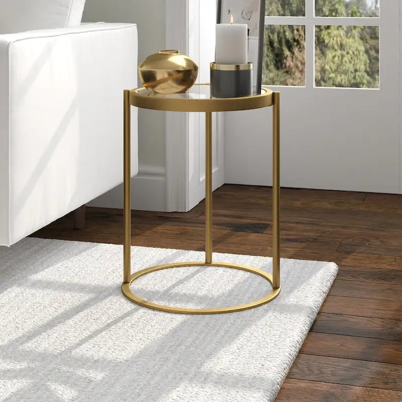 16" Round C-Shape Side Table – Brass / Blackened Bronze, Tempered Glass Top, Modern Style, Single