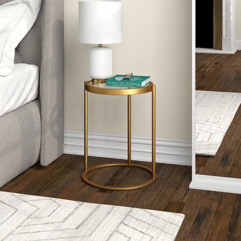 16" Round C-Shape Side Table – Brass / Blackened Bronze, Tempered Glass Top, Modern Style, Single