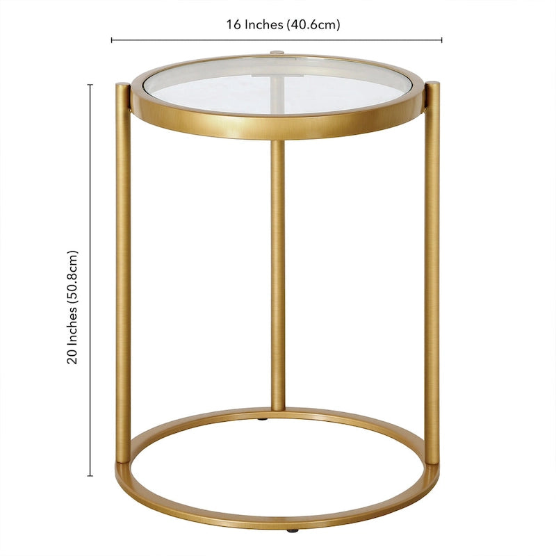 16" Round C-Shape Side Table – Brass / Blackened Bronze, Tempered Glass Top, Modern Style, Single