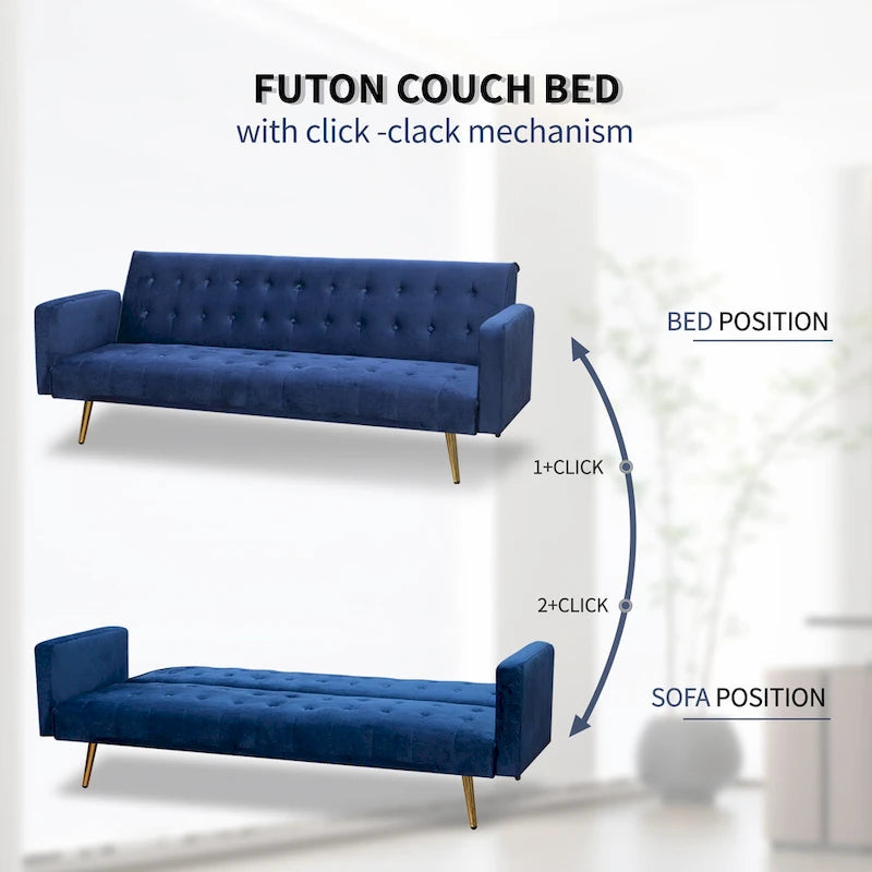 75" Tufted Velvet Convertible Sleeper Sofa – Dark Blue / Green / Army Green / Rose / Ginger / Dark Grey / Beige, Chrome Legs, Seats 2