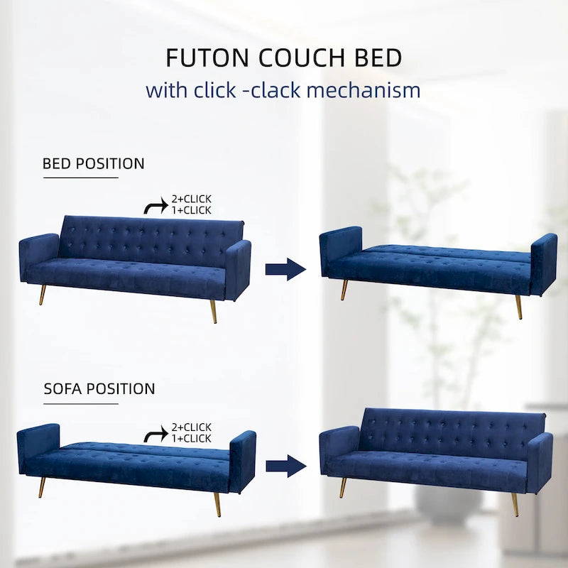 75" Tufted Velvet Convertible Sleeper Sofa – Dark Blue / Green / Army Green / Rose / Ginger / Dark Grey / Beige, Chrome Legs, Seats 2