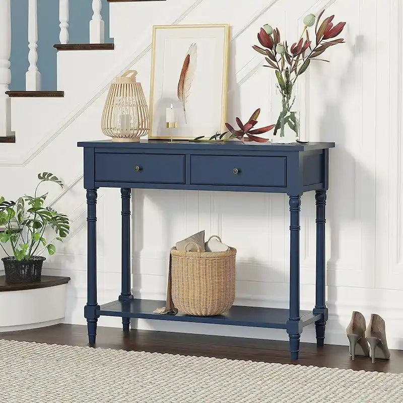 Console Table with 2 Drawers & Bottom Shelf – Blue / White / Walnut / Black / Dark Walnut, Solid Rubberwood, Single