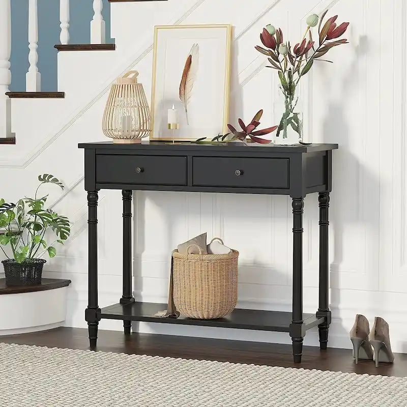 Console Table with 2 Drawers & Bottom Shelf – Blue / White / Walnut / Black / Dark Walnut, Solid Rubberwood, Single