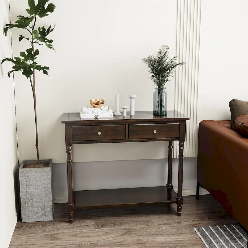 Console Table with 2 Drawers & Bottom Shelf – Blue / White / Walnut / Black / Dark Walnut, Solid Rubberwood, Single