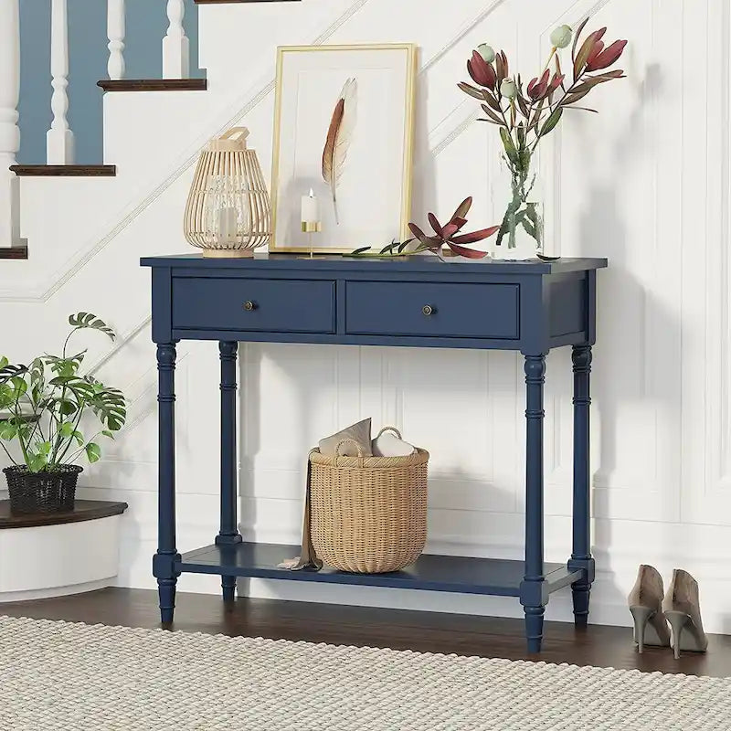 Console Table with 2 Drawers & Bottom Shelf – Blue / White / Walnut / Black / Dark Walnut, Solid Rubberwood, Single