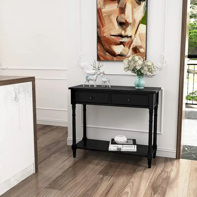 Console Table with 2 Drawers & Bottom Shelf – Blue / White / Walnut / Black / Dark Walnut, Solid Rubberwood, Single