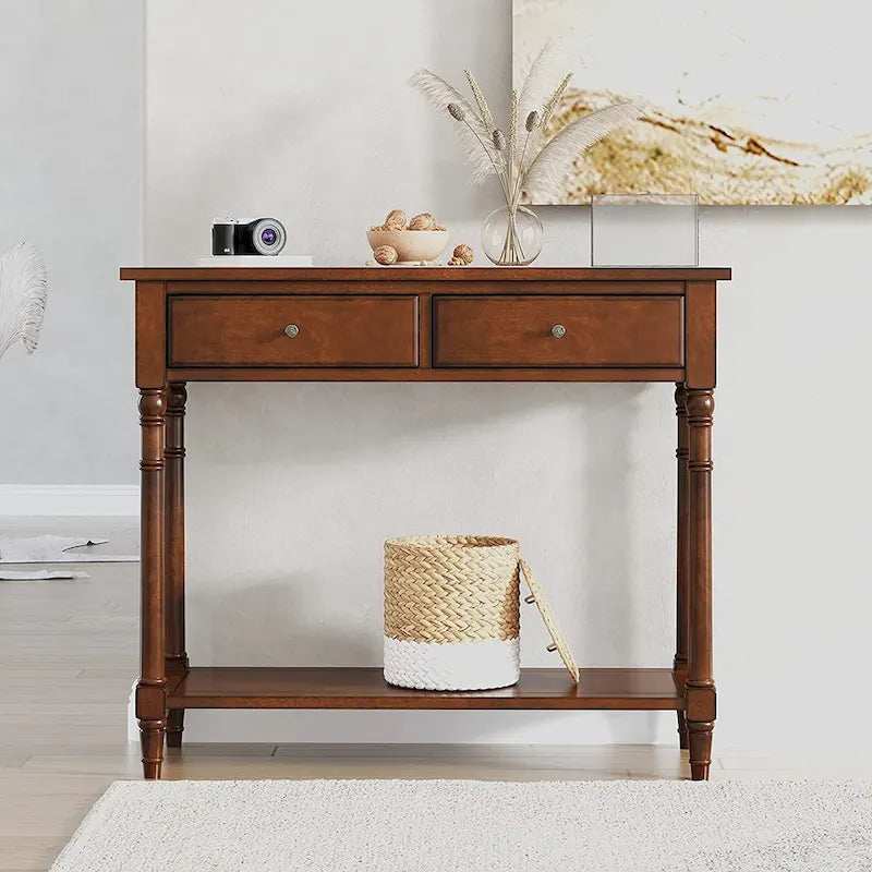 Console Table with 2 Drawers & Bottom Shelf – Blue / White / Walnut / Black / Dark Walnut, Solid Rubberwood, Single