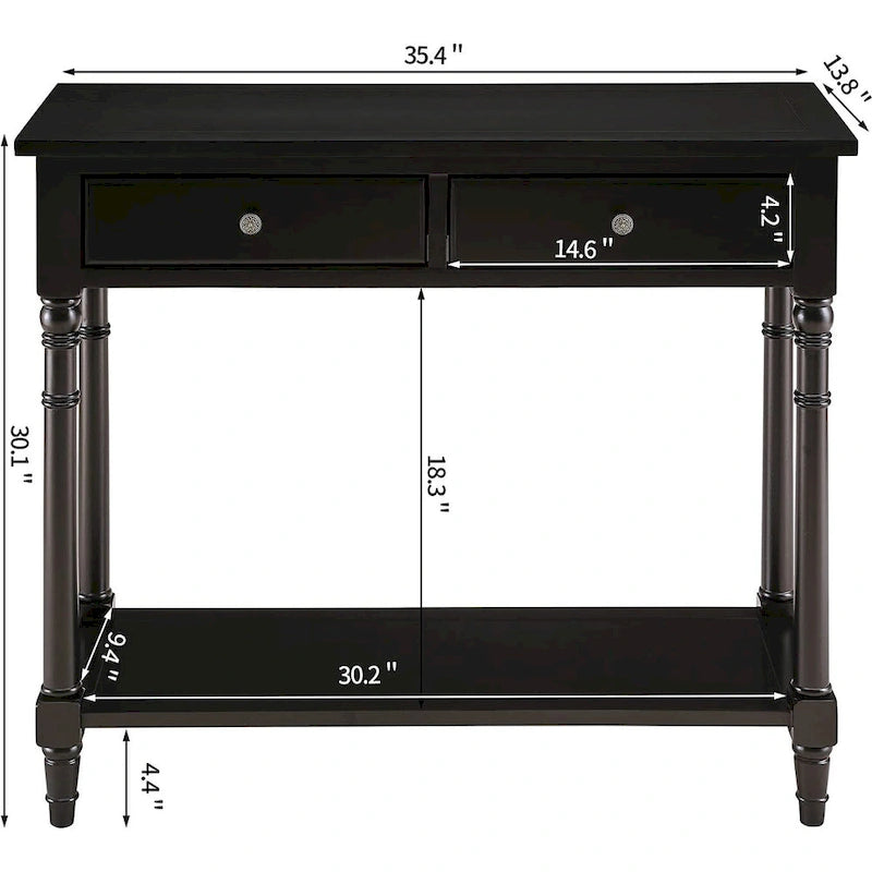 Console Table with 2 Drawers & Bottom Shelf – Blue / White / Walnut / Black / Dark Walnut, Solid Rubberwood, Single