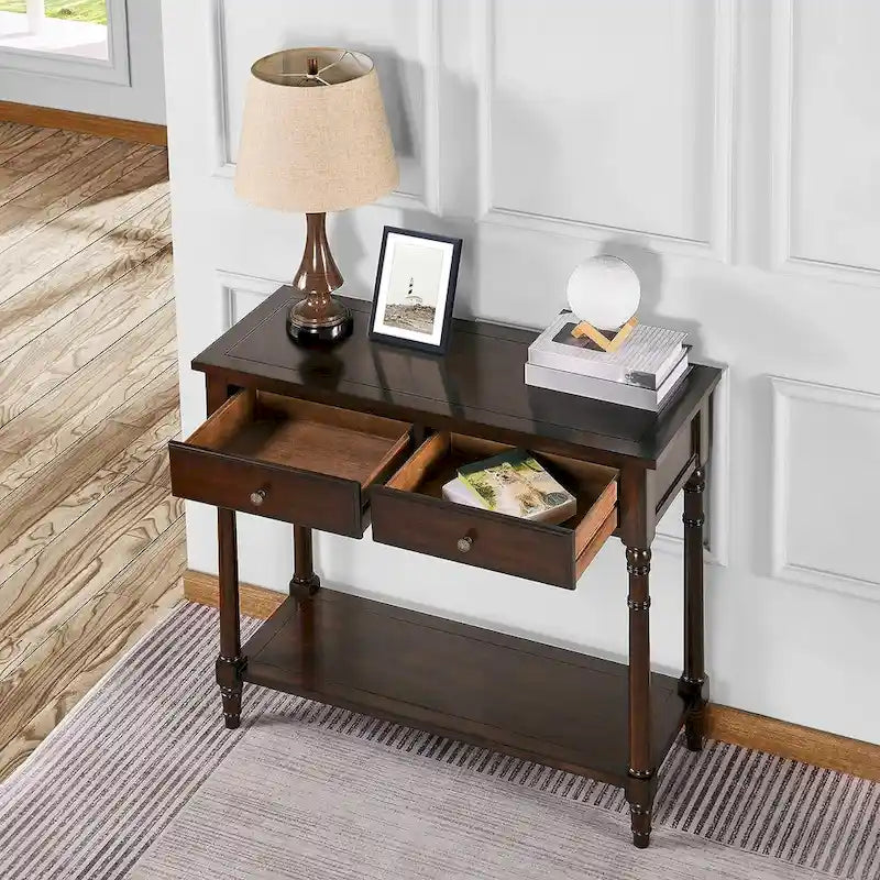 Console Table with 2 Drawers & Bottom Shelf – Blue / White / Walnut / Black / Dark Walnut, Solid Rubberwood, Single