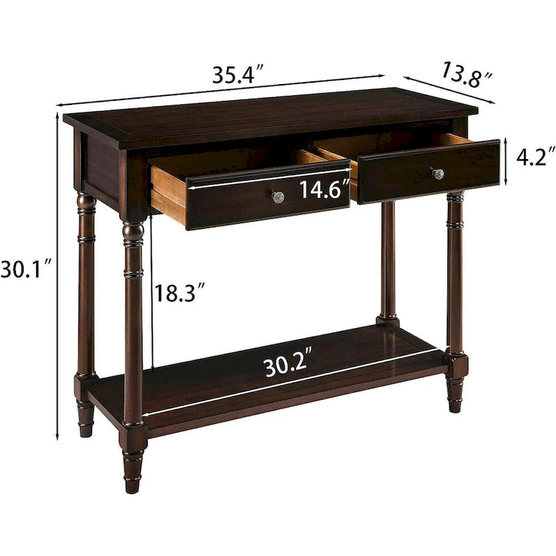 Console Table with 2 Drawers & Bottom Shelf – Blue / White / Walnut / Black / Dark Walnut, Solid Rubberwood, Single