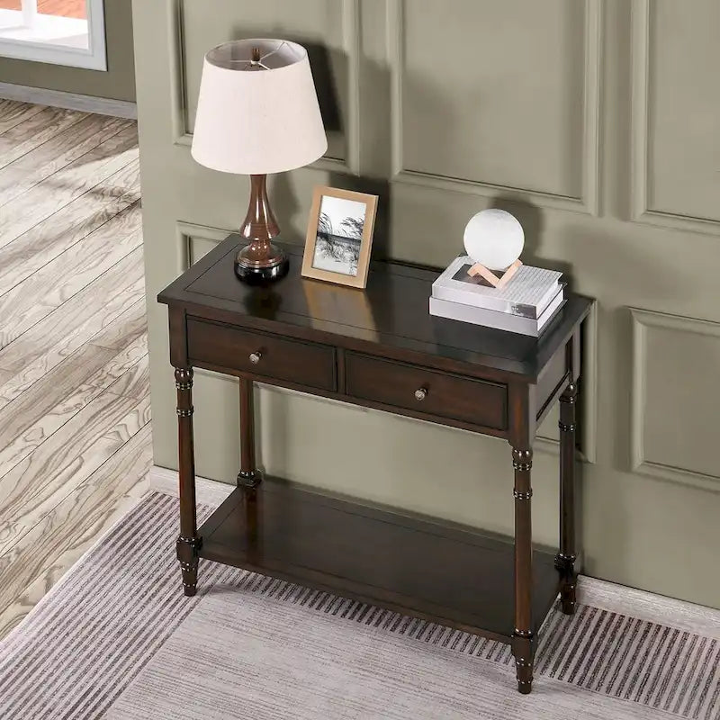 Console Table with 2 Drawers & Bottom Shelf – Blue / White / Walnut / Black / Dark Walnut, Solid Rubberwood, Single
