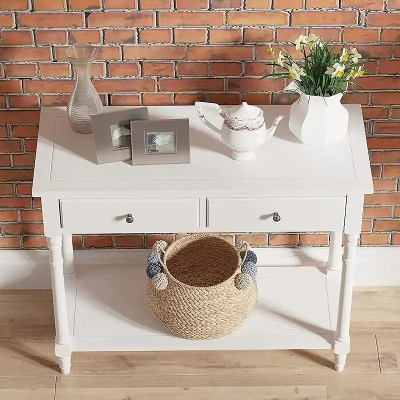 Console Table with 2 Drawers & Bottom Shelf – Blue / White / Walnut / Black / Dark Walnut, Solid Rubberwood, Single