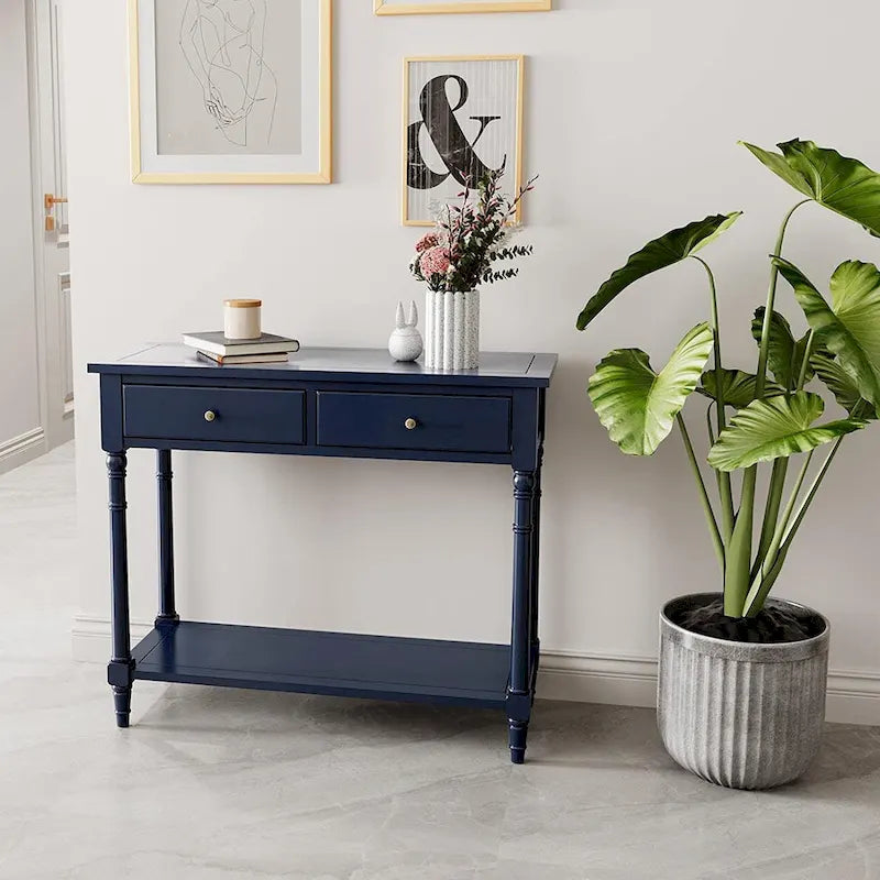Console Table with 2 Drawers & Bottom Shelf – Blue / White / Walnut / Black / Dark Walnut, Solid Rubberwood, Single