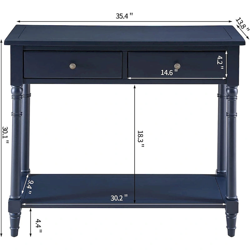 Console Table with 2 Drawers & Bottom Shelf – Blue / White / Walnut / Black / Dark Walnut, Solid Rubberwood, Single