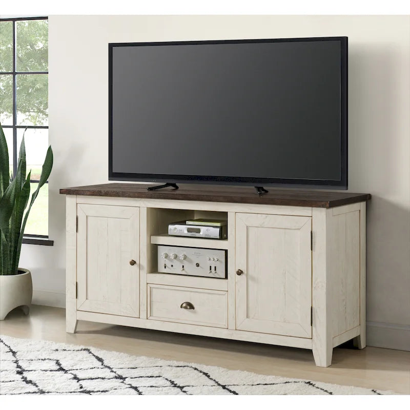 60" Solid Pine TV Stand – White & Grey / Natural / White / Black & Brown / Cream White & Brown, Farmhouse Rustic, Single