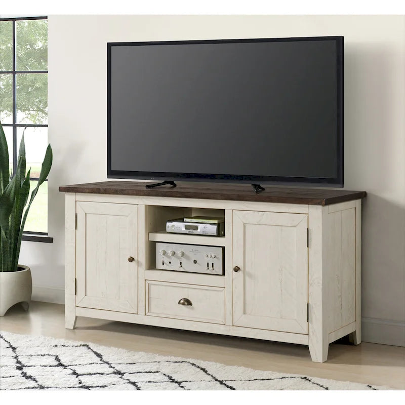 60" Solid Pine TV Stand – White & Grey / Natural / White / Black & Brown / Cream White & Brown, Farmhouse Rustic, Single