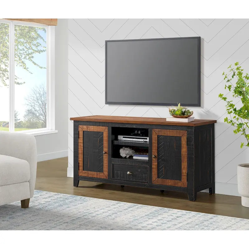 60" Solid Pine TV Stand – White & Grey / Natural / White / Black & Brown / Cream White & Brown, Farmhouse Rustic, Single